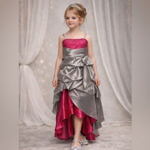 Girls Silver & Pink Sequin High Low Formal Dress Flower Girl Wedding Party dress